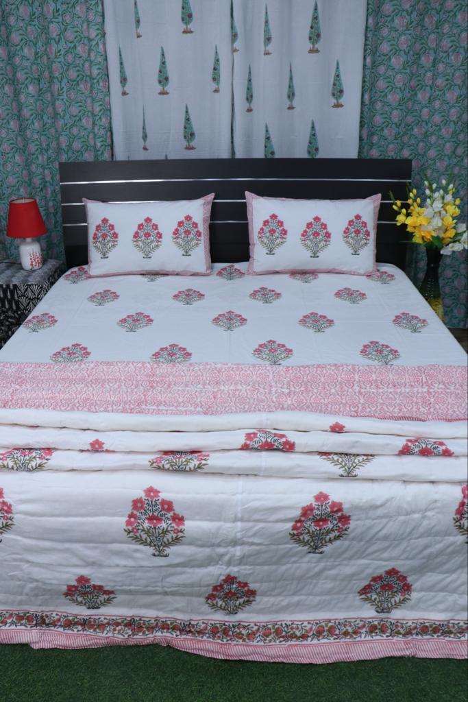 Pure Cotton Hand-Block Print Jaipuri Double Bedsheet With Pillow Cover