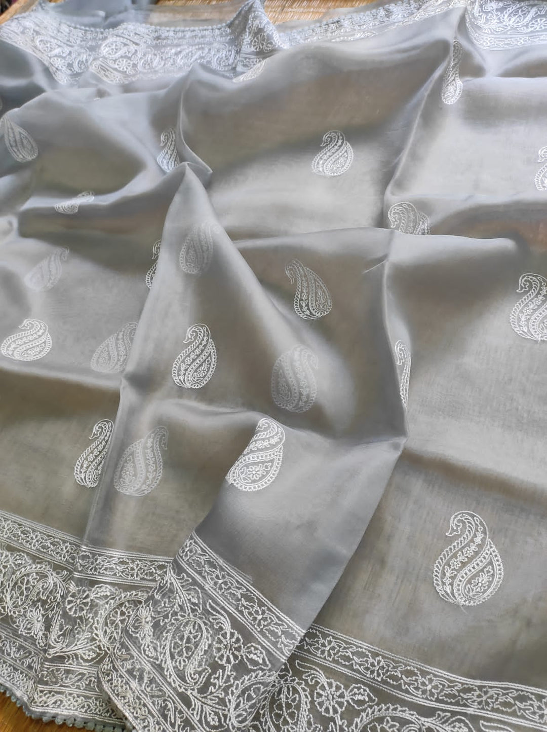 Pure Organza Silk Saree Kari Buit / Crochet Lace Work With Blouse.