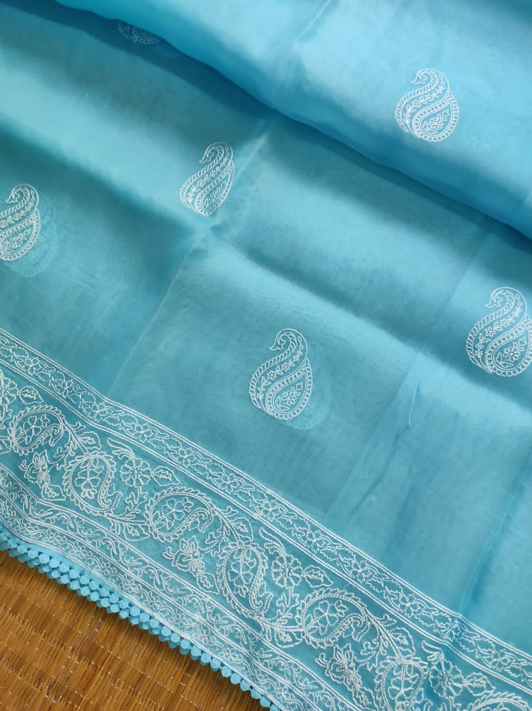 Pure Organza Silk Saree Kari Buit / Crochet Lace Work With Blouse.