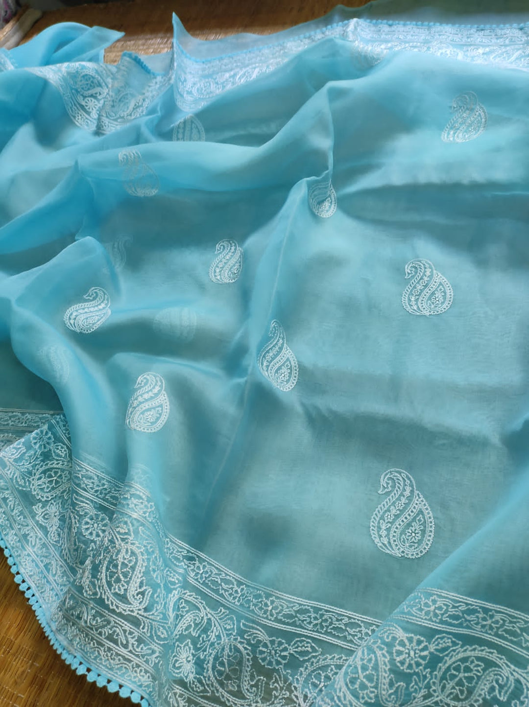 Pure Organza Silk Saree Kari Buit / Crochet Lace Work With Blouse.