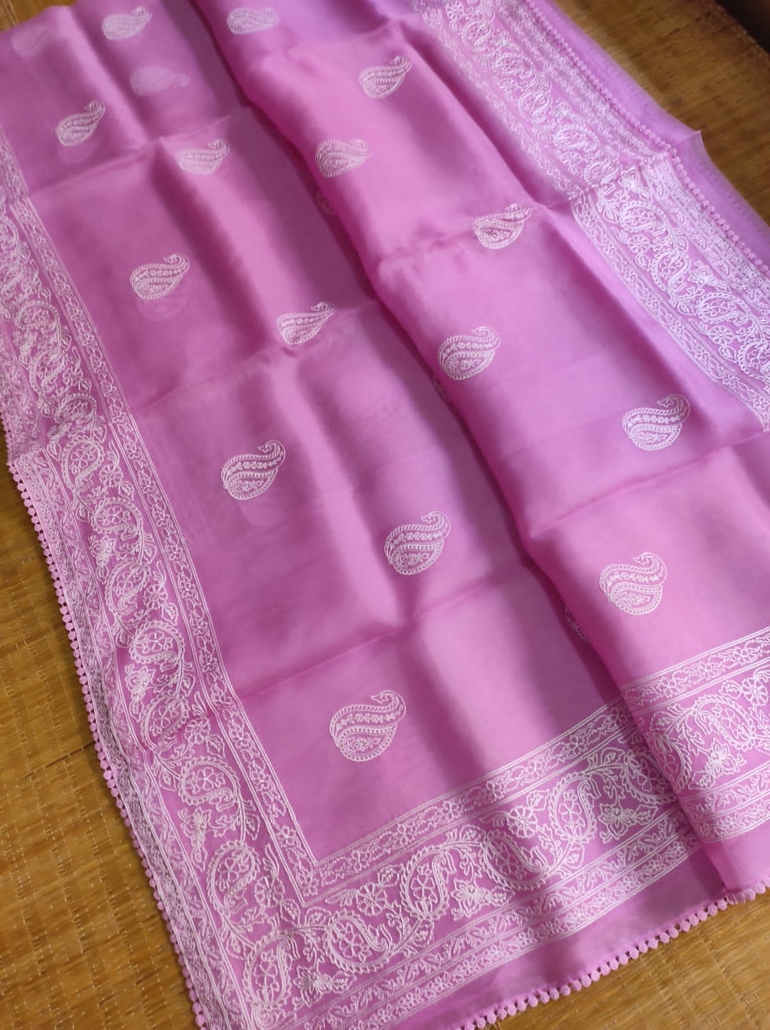 Pure Organza Silk Saree Kari Buit / Crochet Lace Work With Blouse.