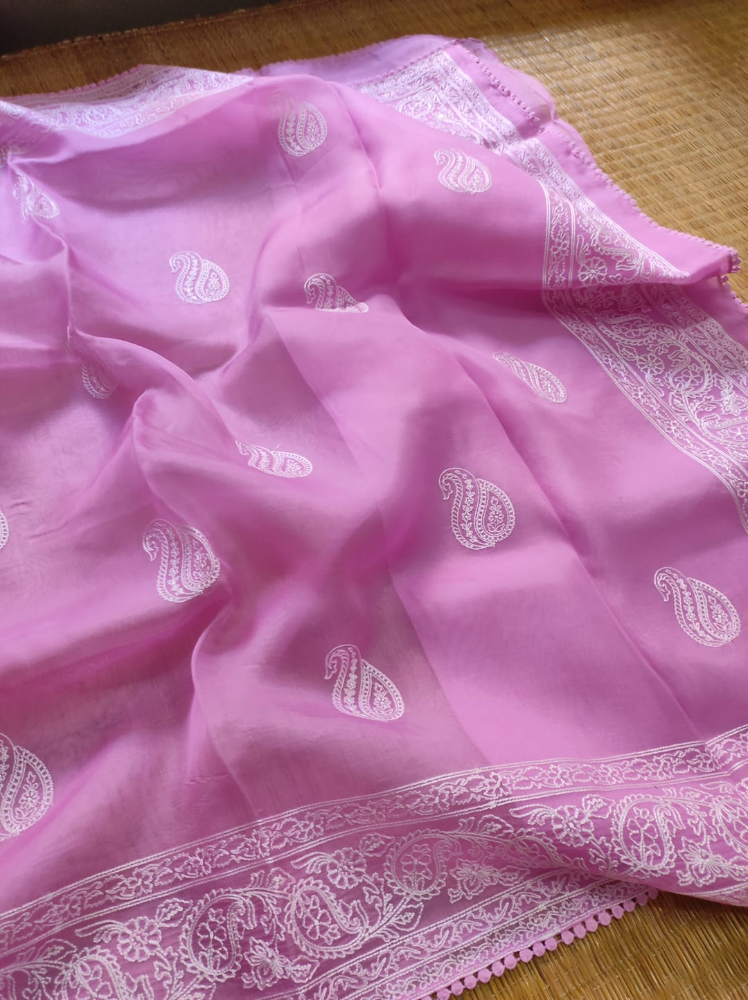 Pure Organza Silk Saree Kari Buit / Crochet Lace Work With Blouse.