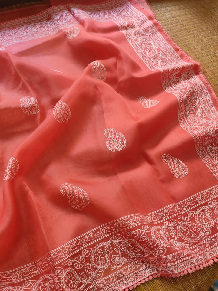 Pure Organza Silk Saree Kari Buit / Crochet Lace Work With Blouse.