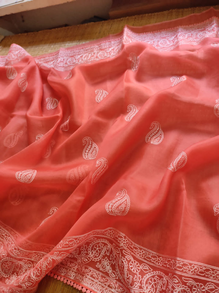 Pure Organza Silk Saree Kari Buit / Crochet Lace Work With Blouse.