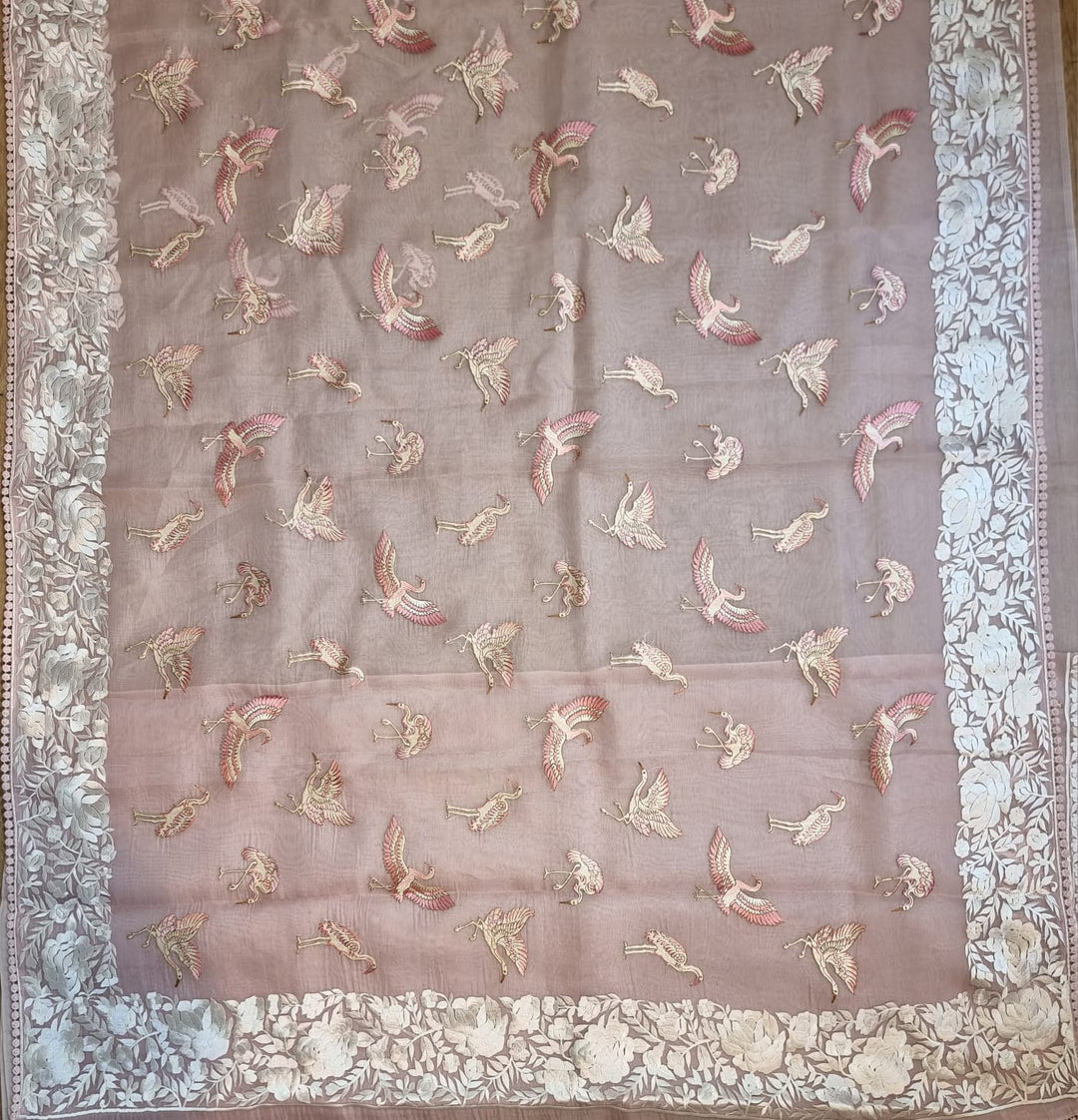 Pure Organza Silk Embroidery Parsi Border/flamingo bird with Crochet lace Work Saree .