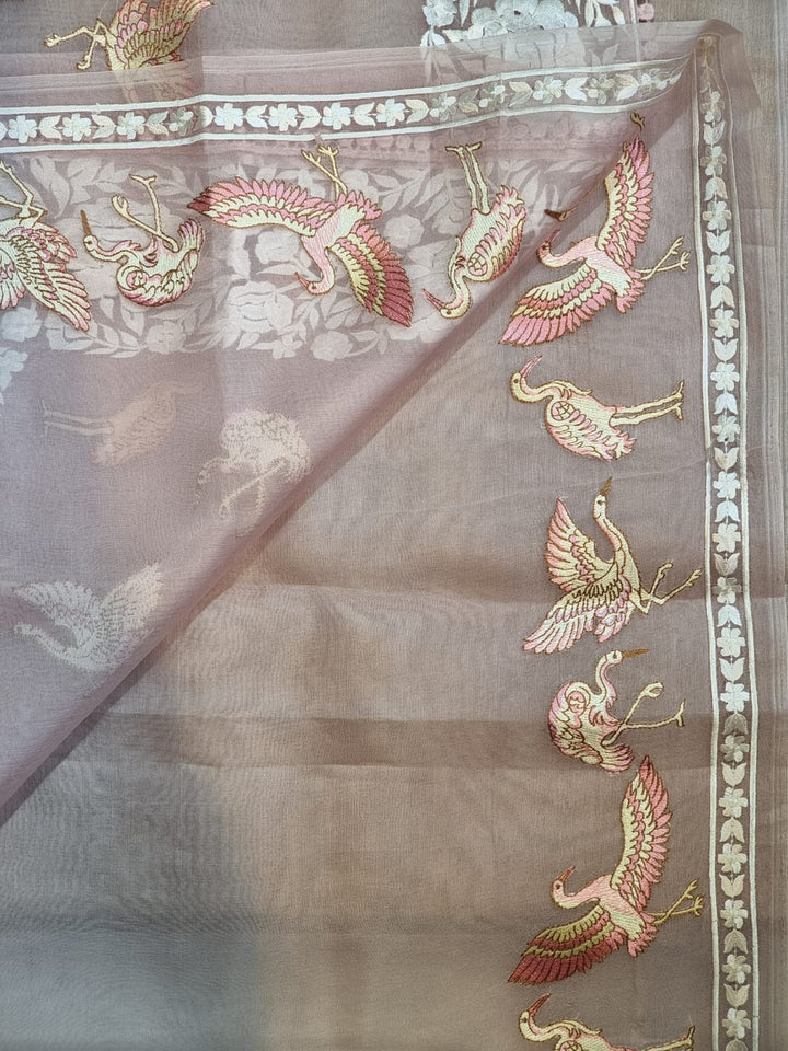 Pure Organza Silk Embroidery Parsi Border/flamingo bird with Crochet lace Work Saree .