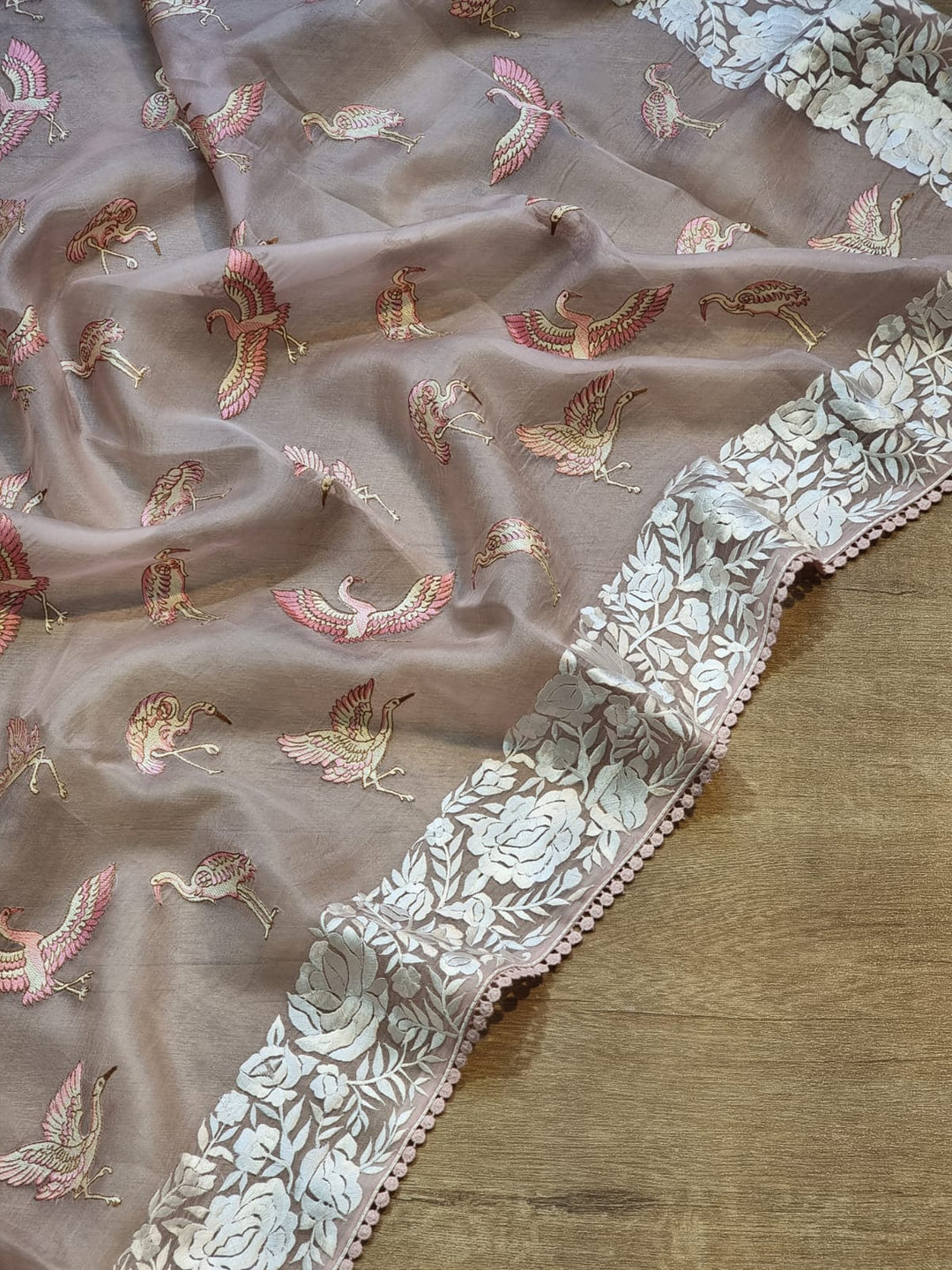 Pure Organza Silk Embroidery Parsi Border/flamingo bird with Crochet lace Work Saree .