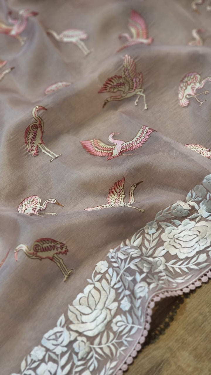 Pure Organza Silk Embroidery Parsi Border/flamingo bird with Crochet lace Work Saree .