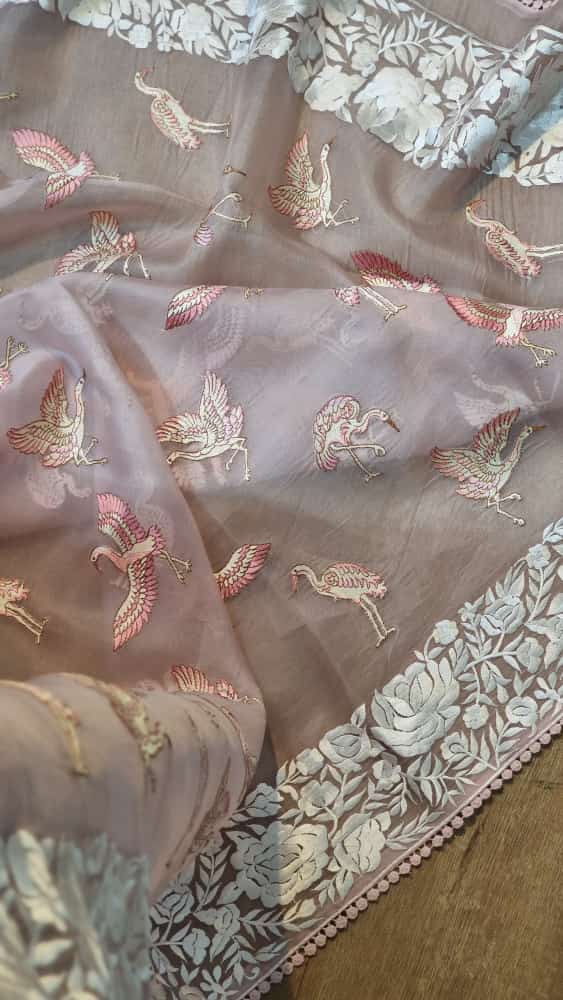 Pure Organza Silk Embroidery Parsi Border/flamingo bird with Crochet lace Work Saree .