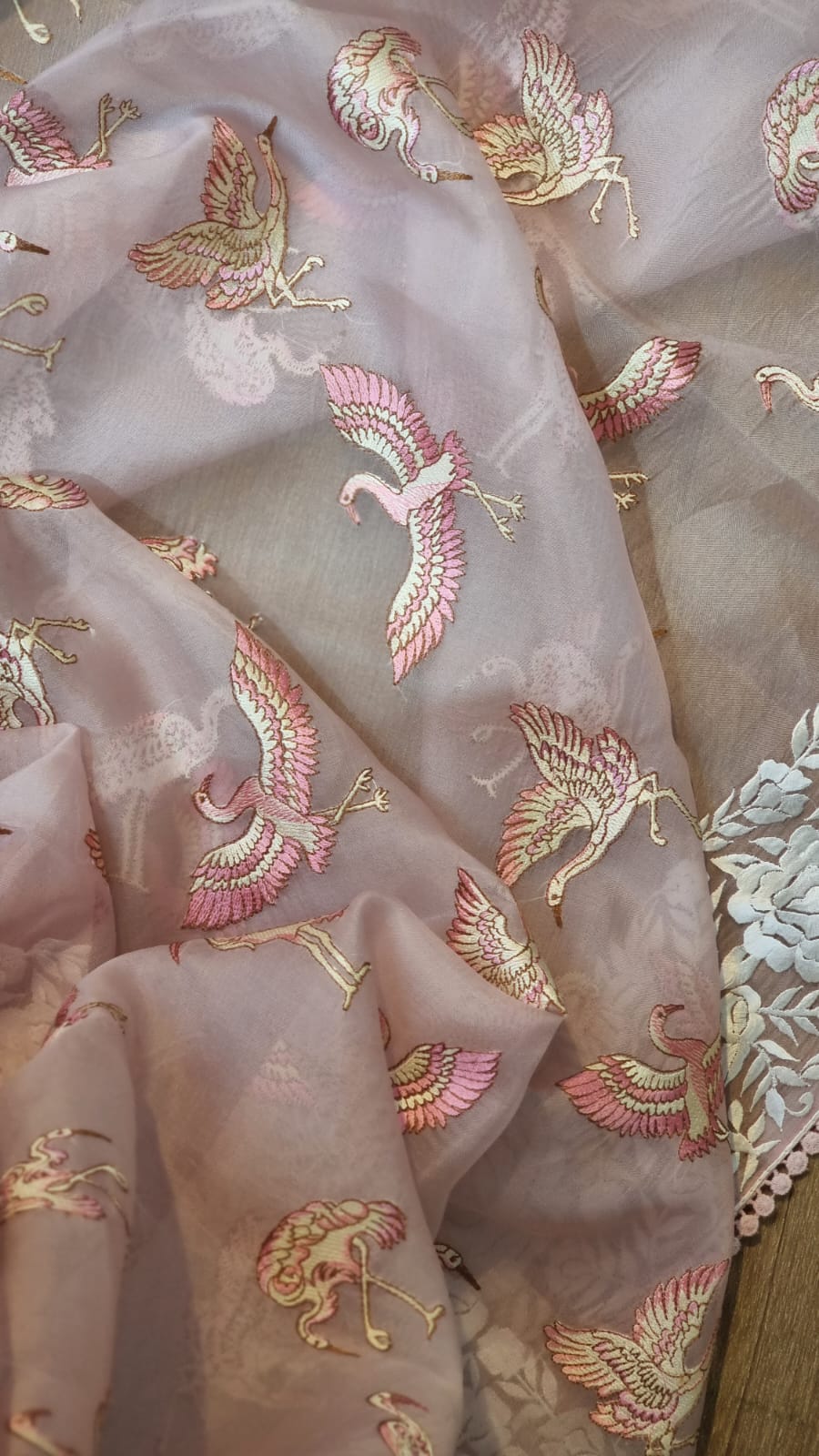 Pure Organza Silk Embroidery Parsi Border/flamingo bird with Crochet lace Work Saree .