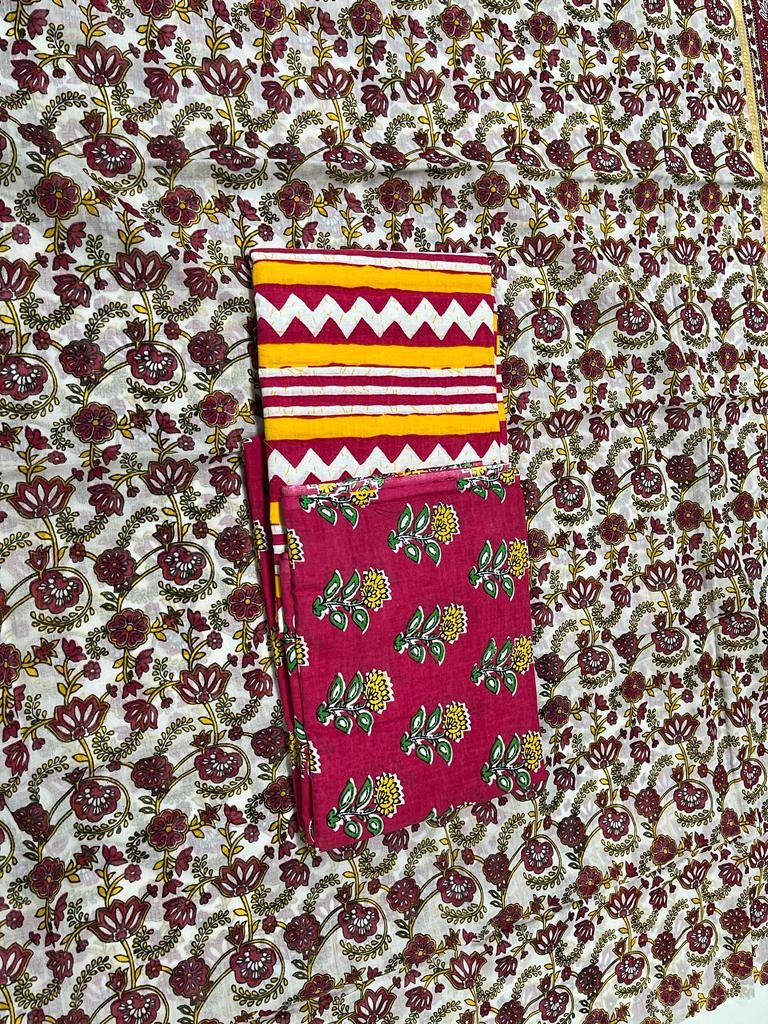 Pure Cotton  Hand Block Print Unstitched Suit With Cotton Dupatta.