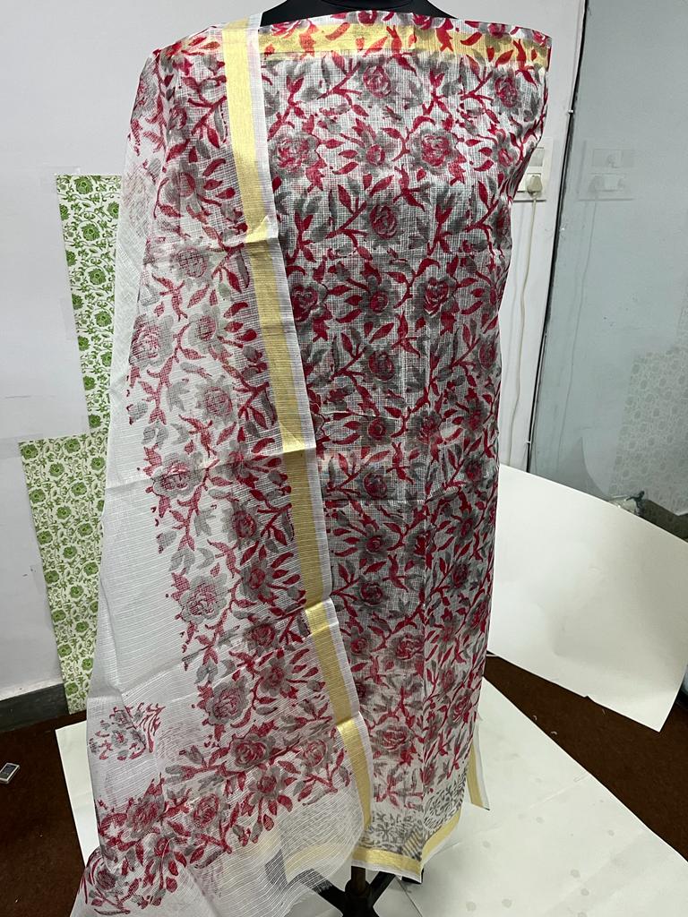Pure Cotton Kota Doriya Printed Unstitched Suit With Dupatta (Without Bottom )