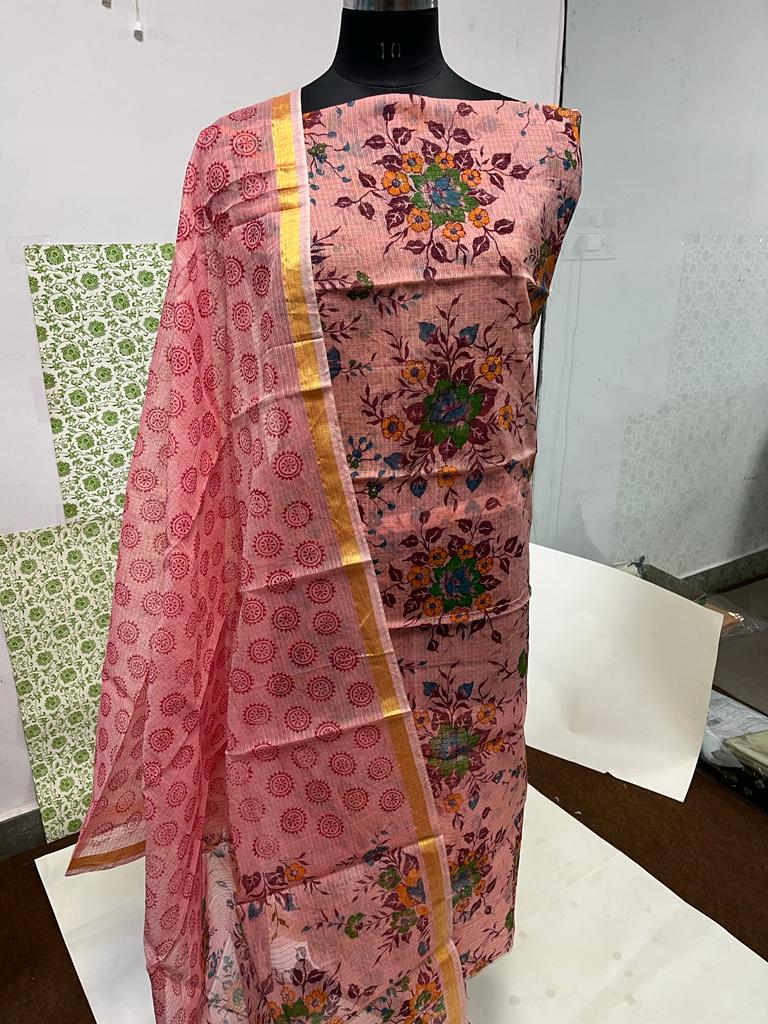 Pure Cotton Kota Doriya Printed Unstitched Suit With Dupatta (Without Bottom )
