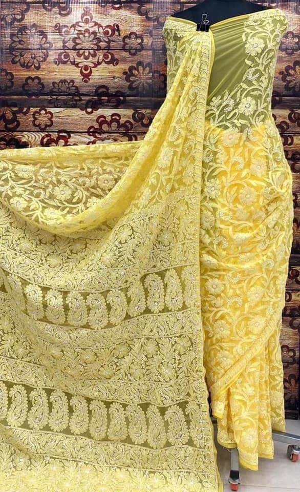 Pure Georgette Chikankari Full Jaal Work Hand Embroidery Saree with Blouse.