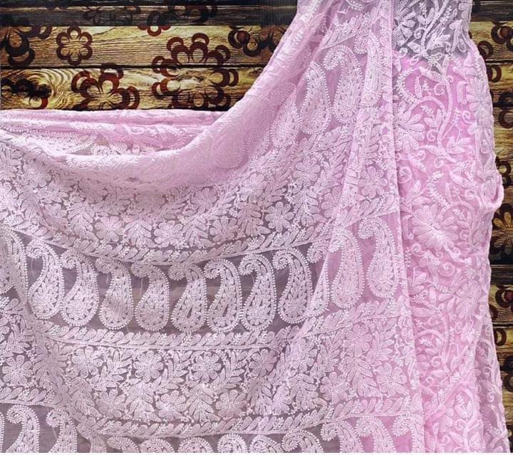Pure Georgette Chikankari Full Jaal Work Hand Embroidery Saree with Blouse.