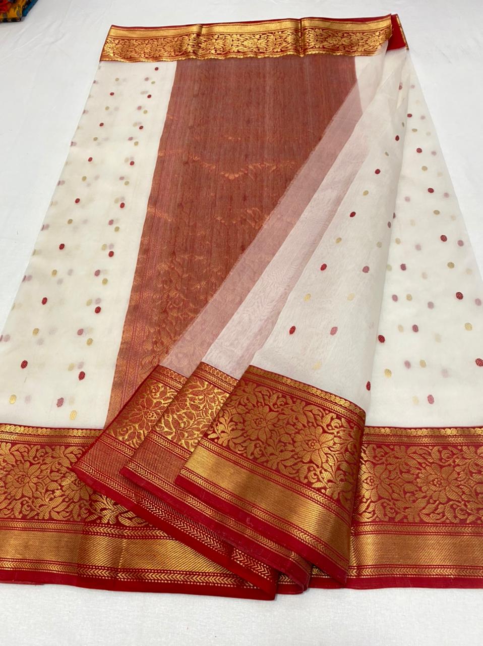 Pure Chanderi Silk Hand Woven Zari Work Saree With Blouse.