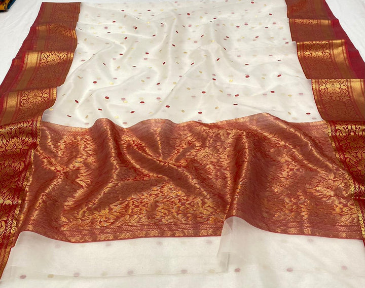 Pure Chanderi Silk Hand Woven Zari Work Saree With Blouse.