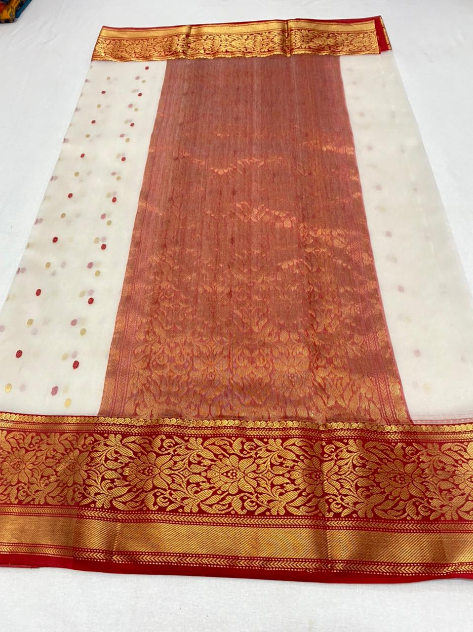 Pure Chanderi Silk Hand Woven Zari Work Saree With Blouse.