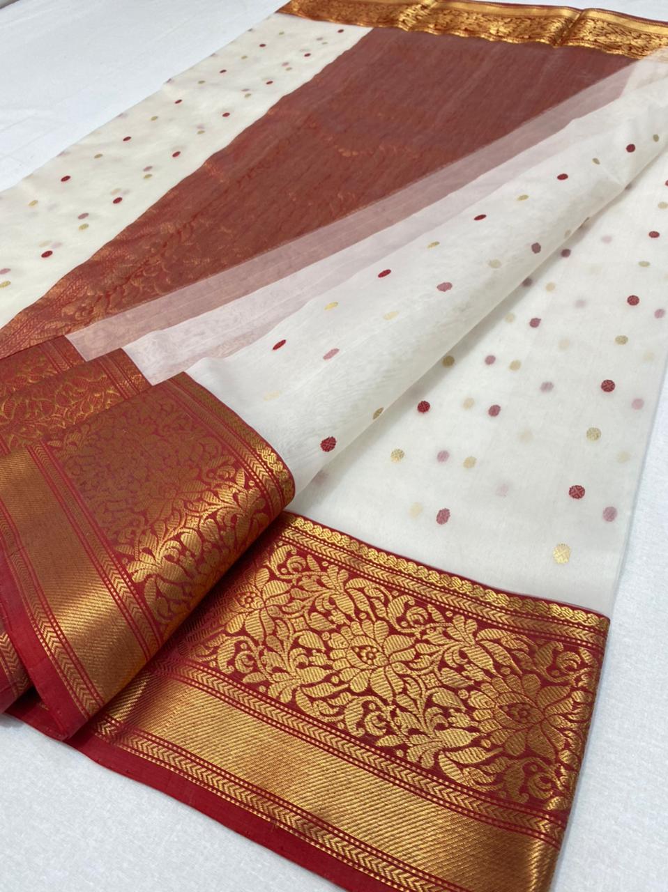 Pure Chanderi Silk Hand Woven Zari Work Saree With Blouse.