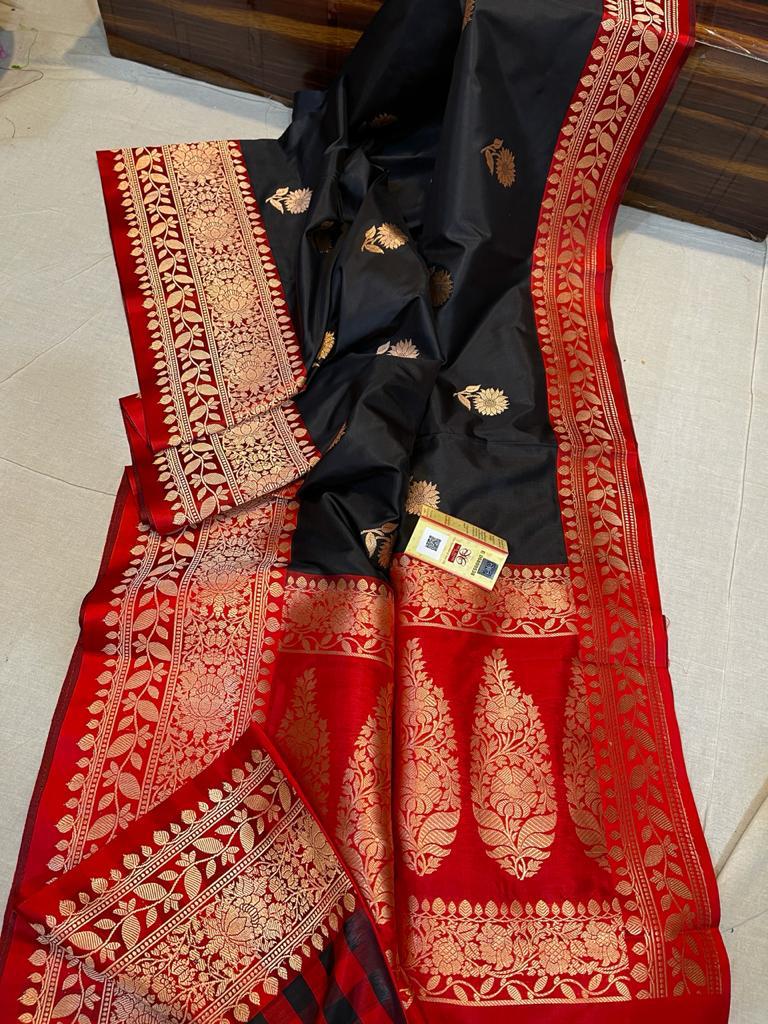 Black Color Pure Katan Silk Saree With Antique Zari Work ( Silk Mark Certified)