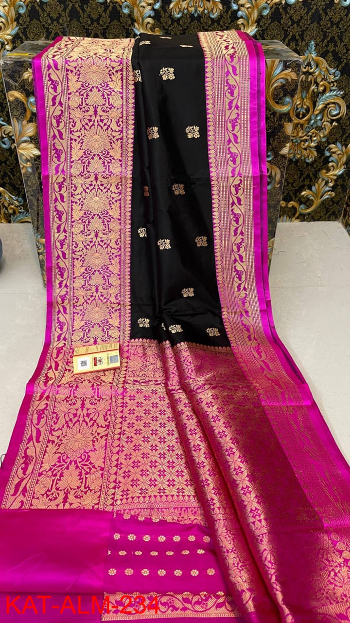 Black Color Pure Katan Silk Saree With Antique Zari Work ( Silk Mark Certified)