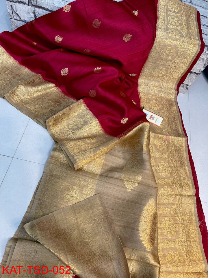 Red Color Pure Tussar Silk Saree With Antique Zari Work ( Silk Mark Certified)