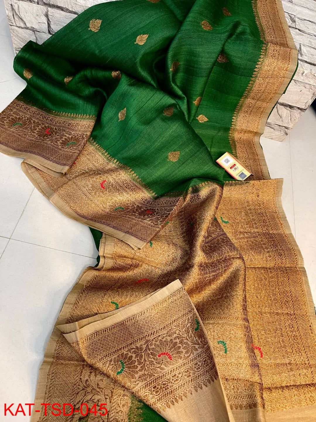 Green Color Pure Tussar Silk Saree With Antique Zari Work ( Silk Mark Certified)