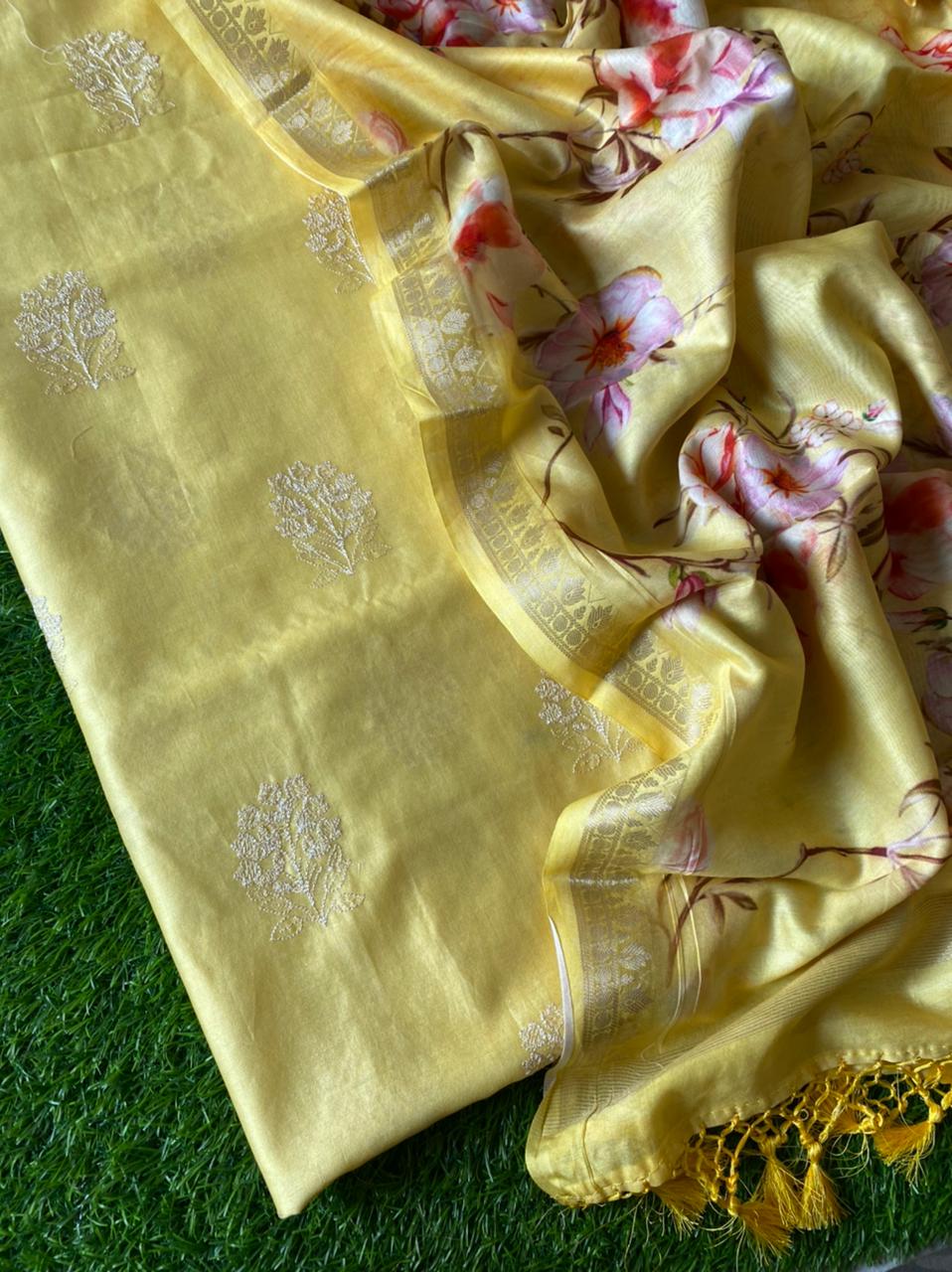 Pure Banarasi Chanderi Silk Resham Work Unstitched Suit With Digital Print Dupatta.