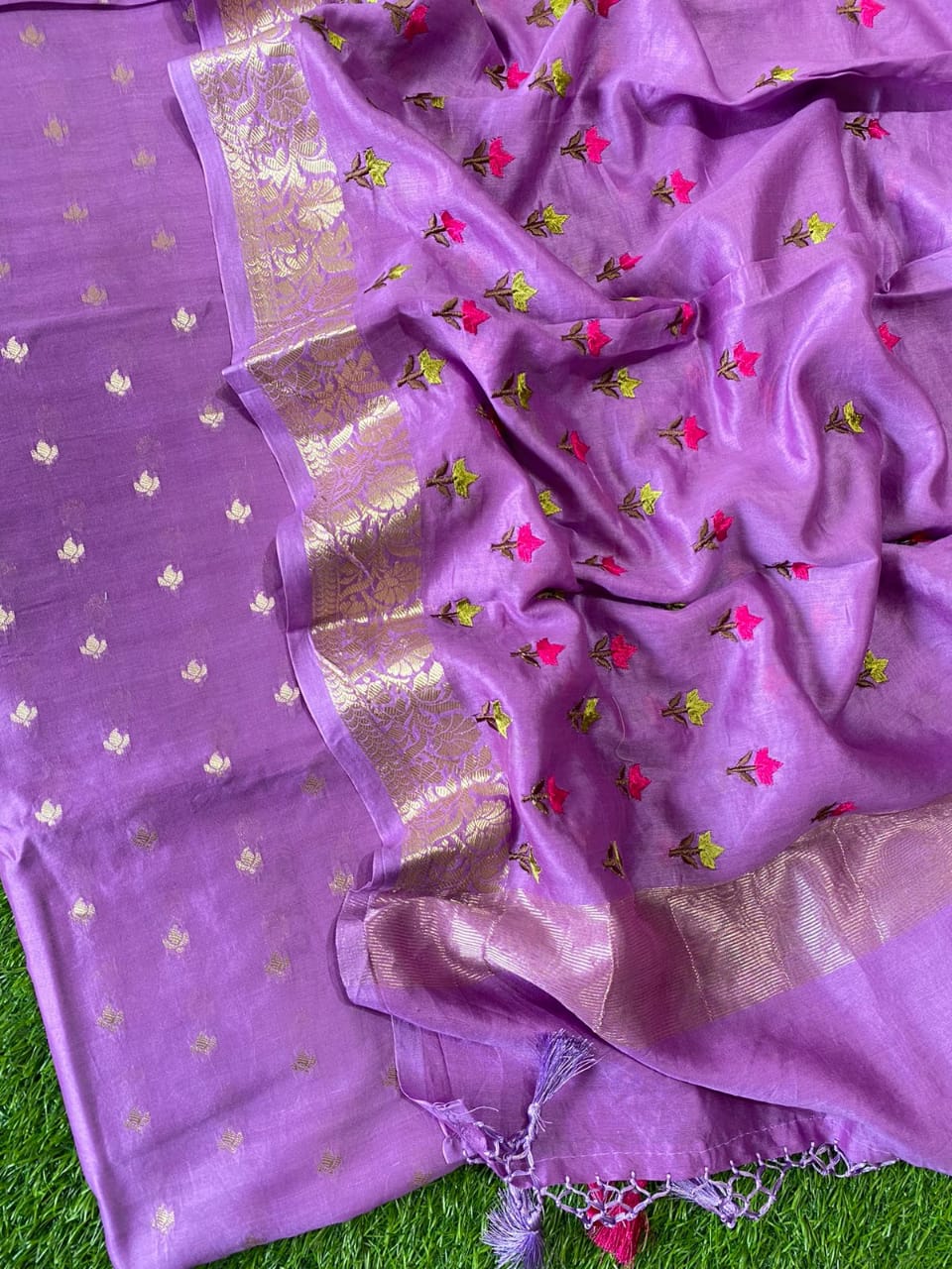 Pure Banarasi Chanderi Silk Zari Work Unstitched Suit With Resham Work Dupatta.
