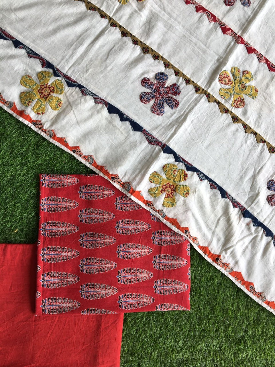 Pure Cotton Hand Block Azrak Print Unstitched Suit With Hand Work Azrak Patch Work  Dupatta