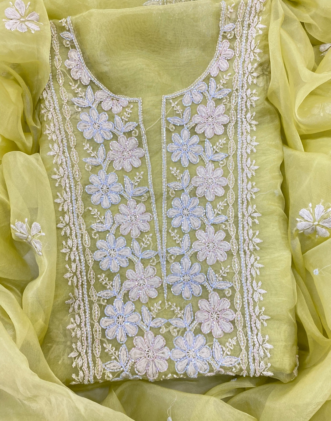 Pure Organza Chikankari Hand Embroidery With Pearl Cutdana Work Unstitched Suit With Dupatta.