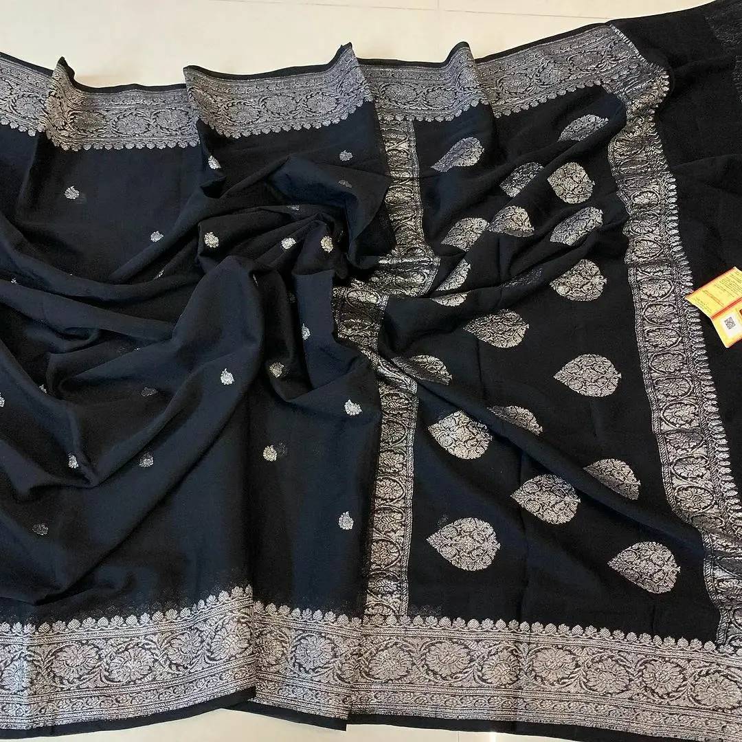Pure Banarasi Khaddi Chiffon Georgette Silk Silver Zari Work saree With Blouse . ( length- 6.3 meter )