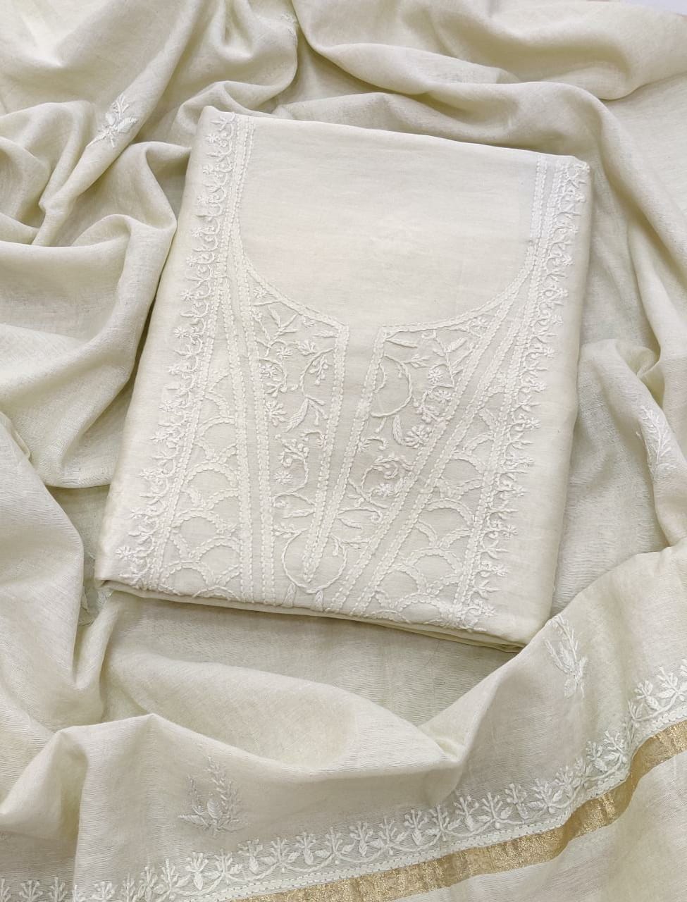 Pure Chanderi Silk Chikankari Hand Work Unstitched Suit.