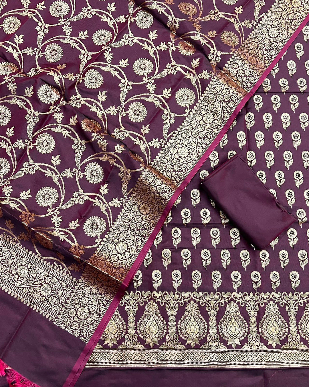 Pure Banarasi Silk Zari Weaved Silk Unstitched Suit With Banarasi Silk Jaal Work Dupatta .