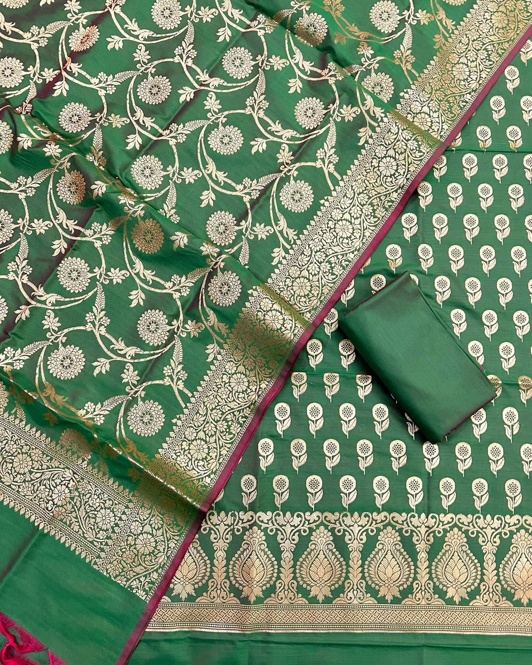 Pure Banarasi Silk Zari Weaved Silk Unstitched Suit With Banarasi Silk Jaal Work Dupatta .