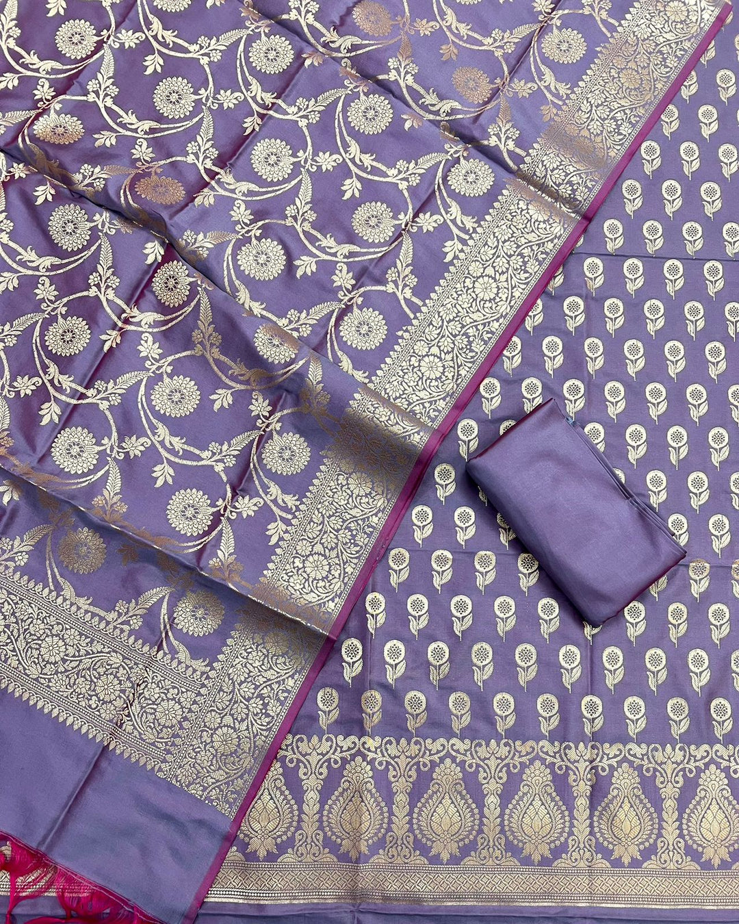 Pure Banarasi Silk Zari Weaved Silk Unstitched Suit With Banarasi Silk Jaal Work Dupatta .