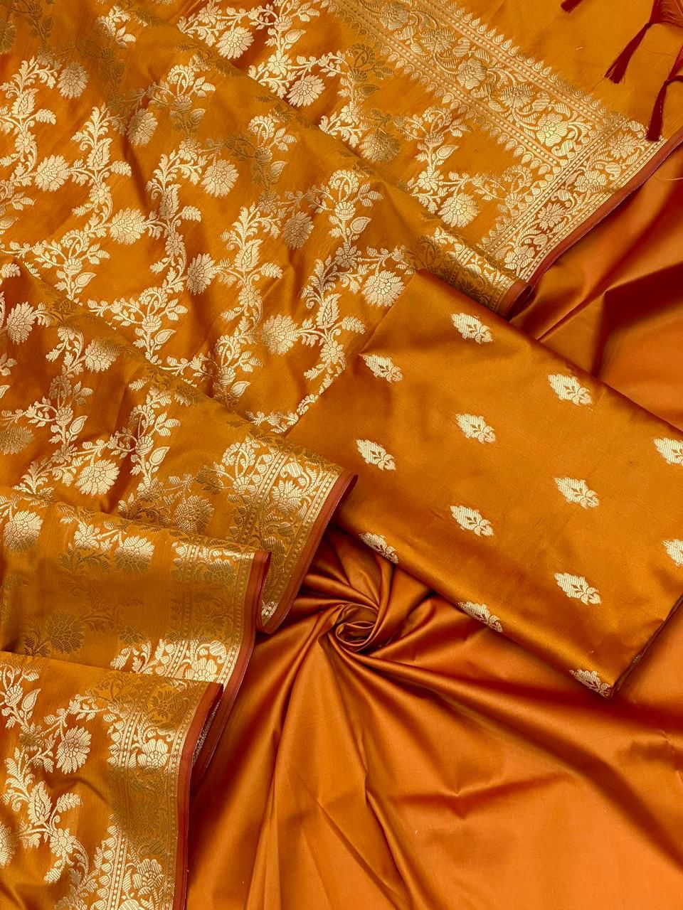 Pure Banarasi Silk Double Zari Weaved Silk Unstitched Suit With Banarasi Silk Jaal Work Dupatta .