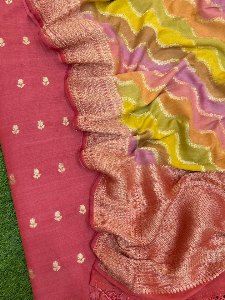 Pure Banarasi Handloom Munga Silk Unstitched Suit With Handloom Munga Silk Hand Brush Dupatta.