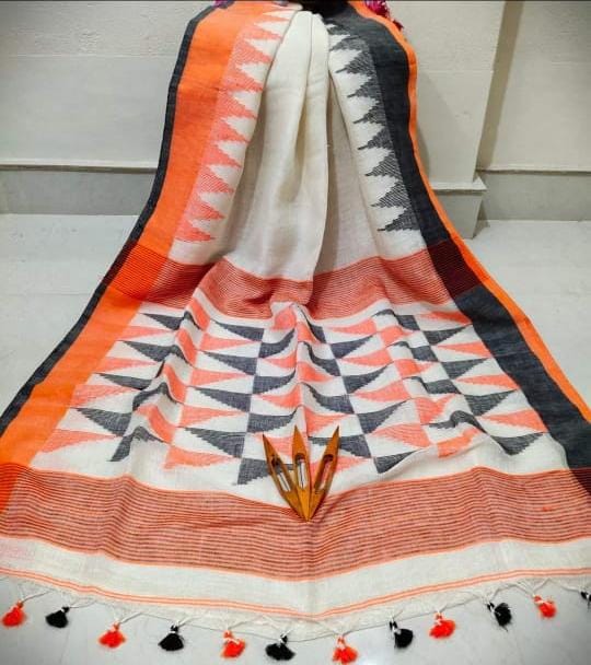 Pure linen jamdani Saree With Running Blouse. ( Length- 6.3 meter ) (100 Count)