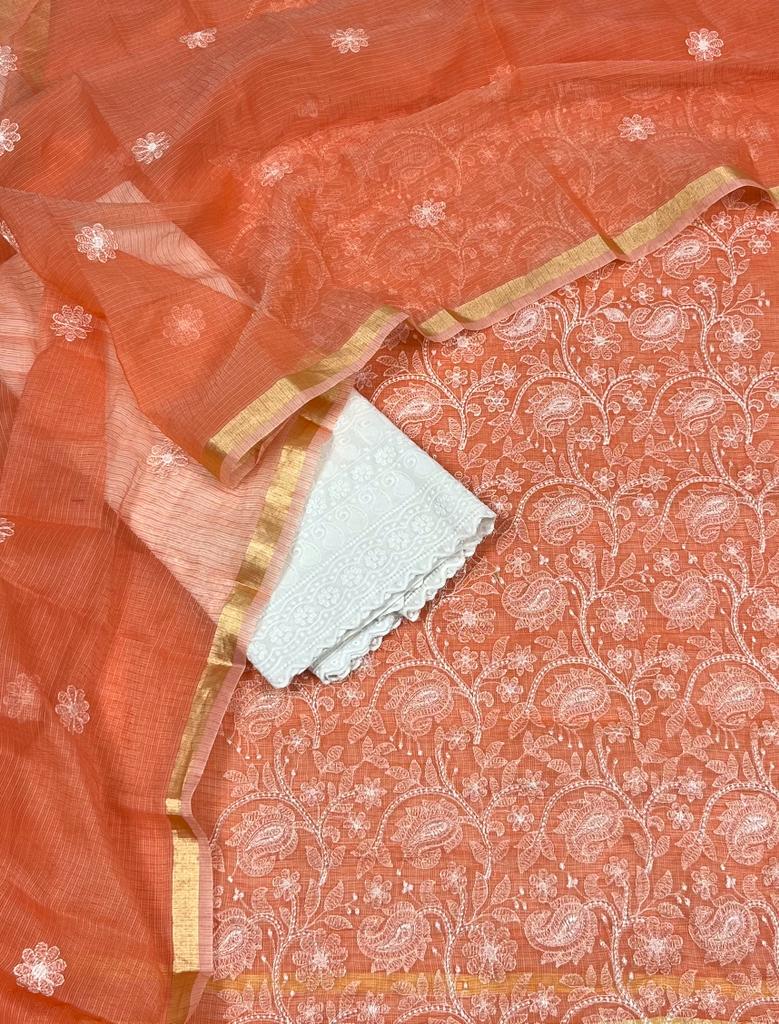 Pure Cotton Kota Doriya Embroidery Unstitched Suit With Dupatta