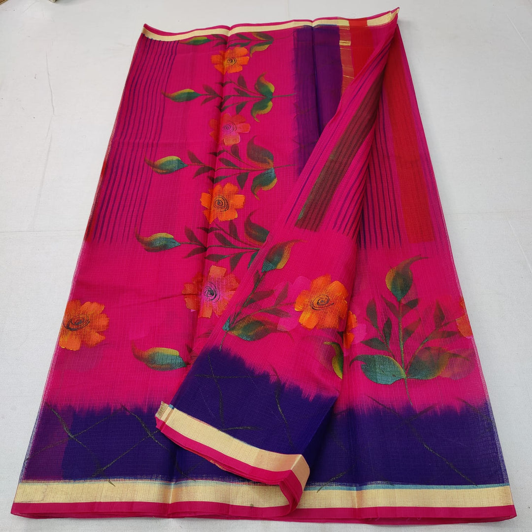 Pure Kota Doriya Hand Block Print Saree with Running Blouse.