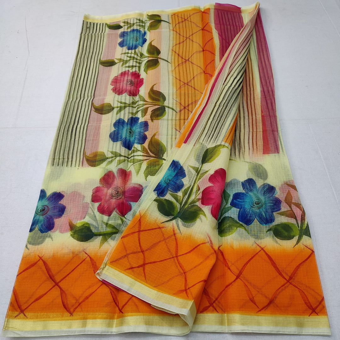 Pure Kota Doriya Hand Block Print Saree with Running Blouse.