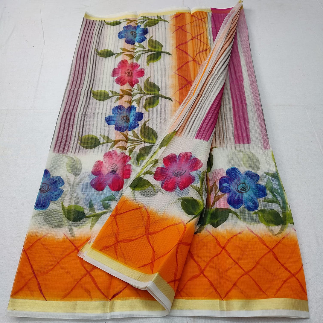 Pure Kota Doriya Hand Block Print Saree with Running Blouse.