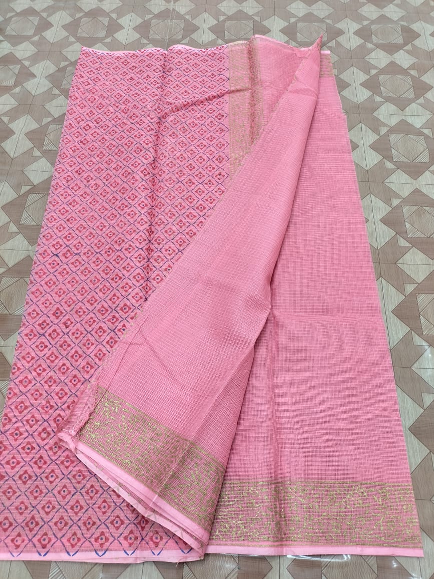 Pure Kota Doriya Hand Block Print Saree with Running Blouse.