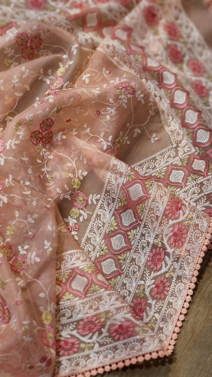 Pure Organza Silk Chikankari Hand Embroidery  Work Saree .