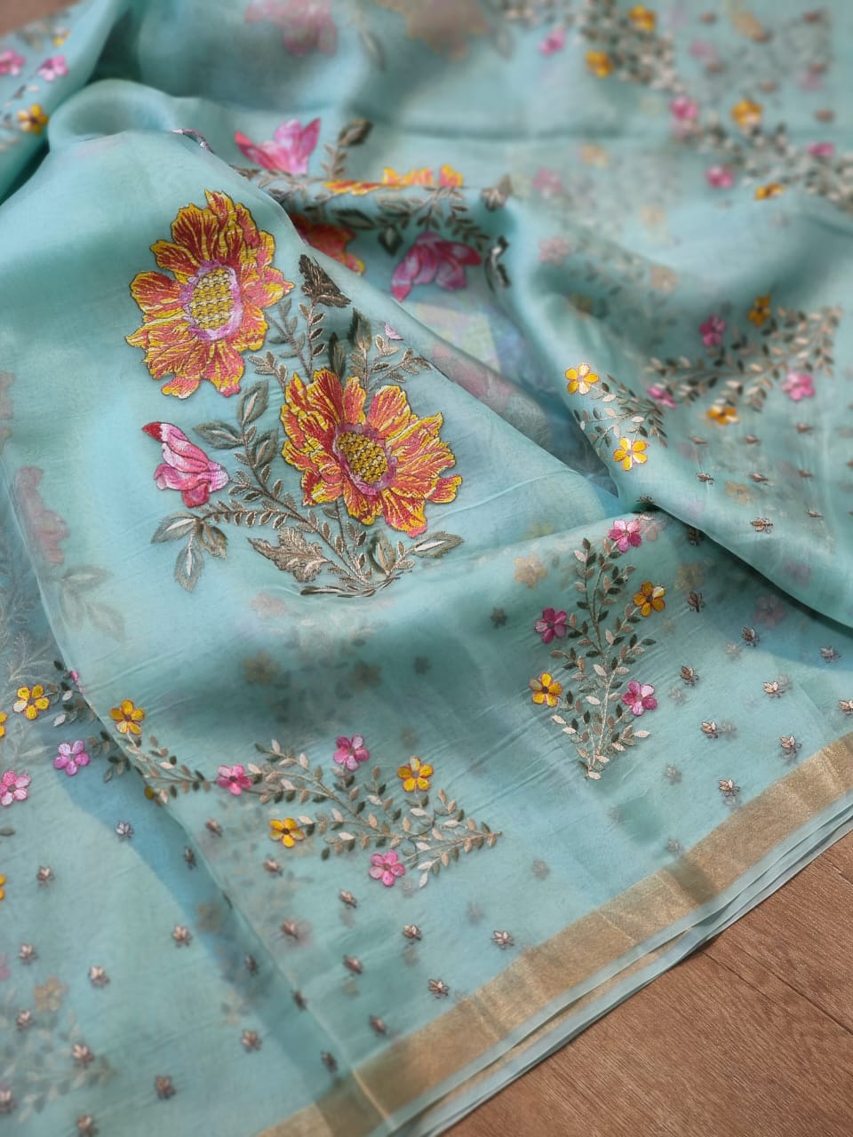 Pure Organza Silk Big Floral Embroidery Saree Whit Special Tassels.