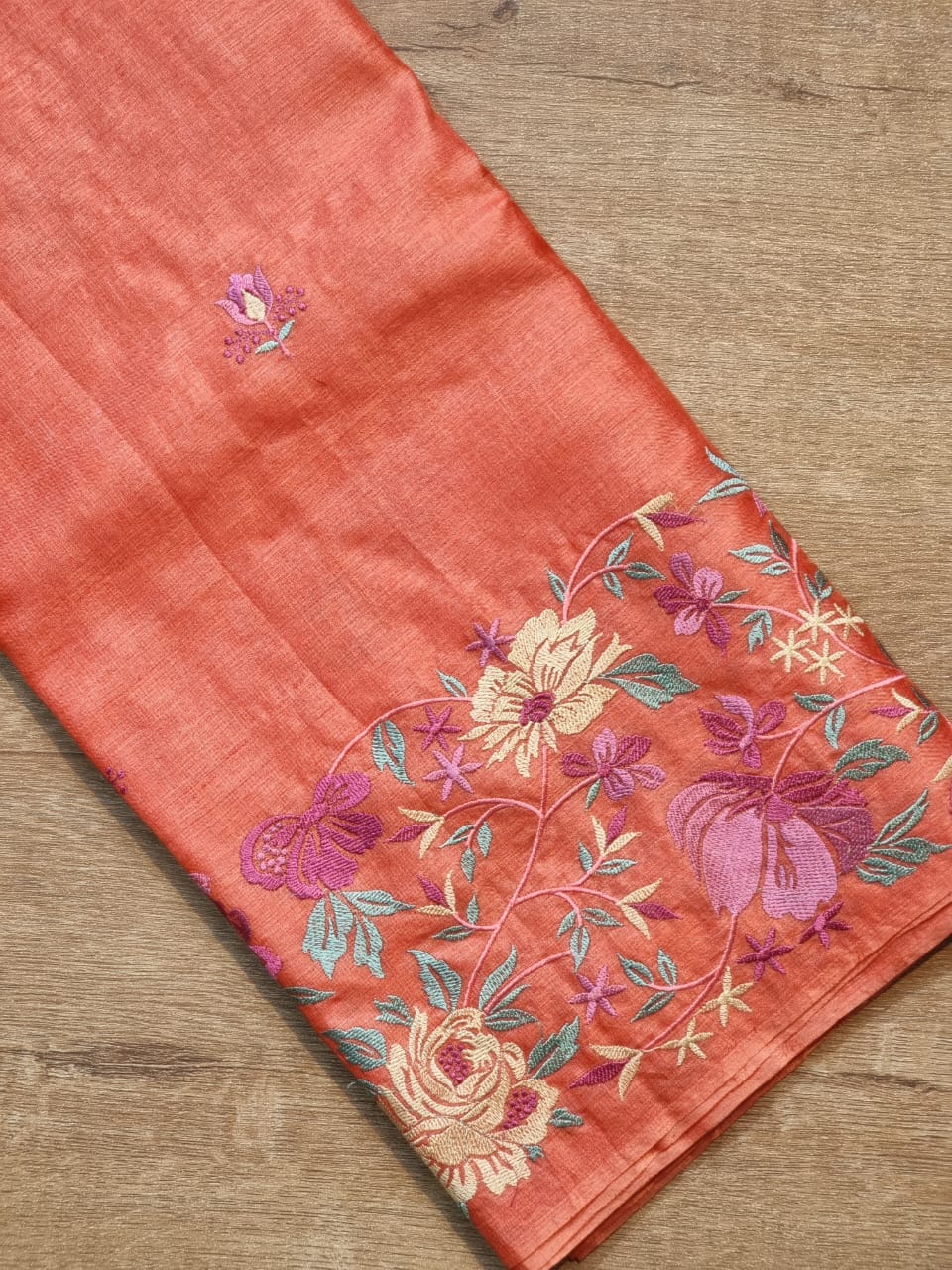 Pure Tussar Moonga Silk Embroidery Saree With Running Blouse