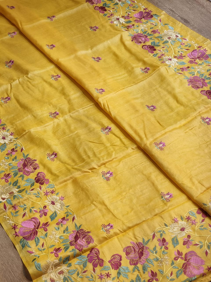 Pure Tussar Moonga Silk Embroidery Saree With Running Blouse