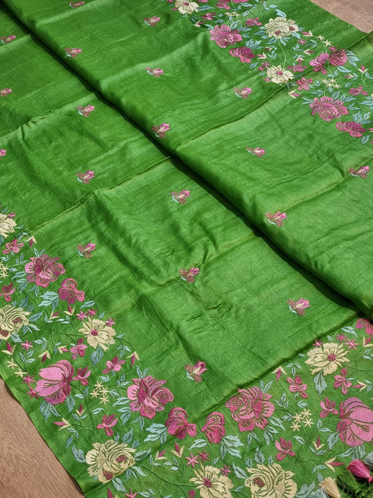 Pure Tussar Moonga Silk Embroidery Saree With Running Blouse.