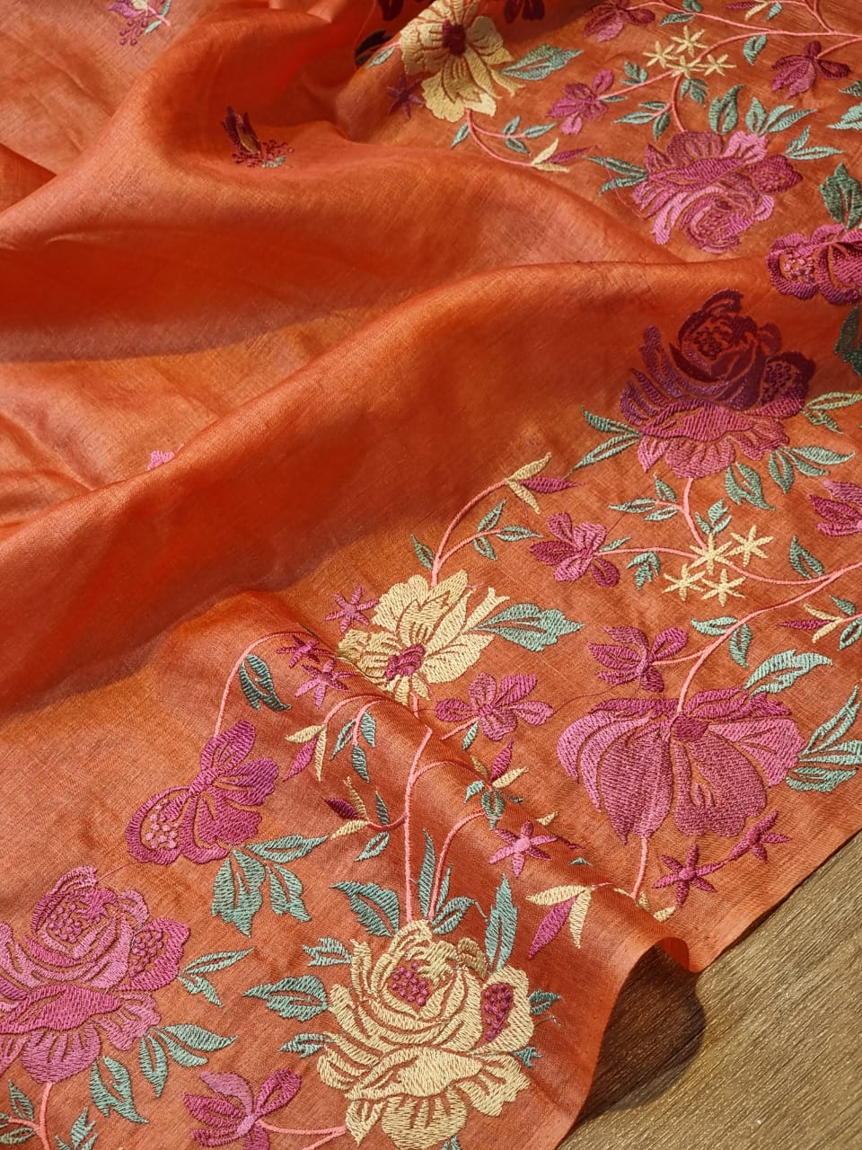 Pure Tussar Moonga Silk Embroidery Saree With Running Blouse